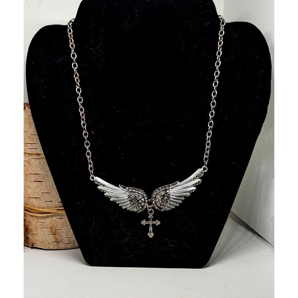 Goth Punk Biker Guardian Angel Rhinestones Wings Cross Pendant Necklace - Picture 1 of 6